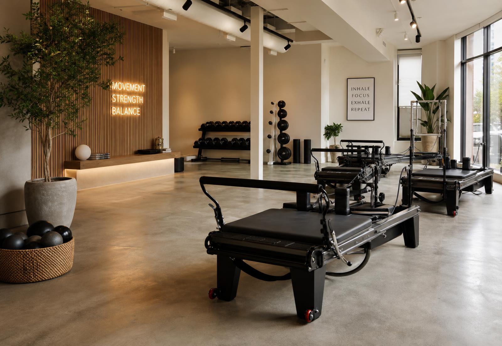 Modern boutique fitness studio interior with reformers and strength equipment