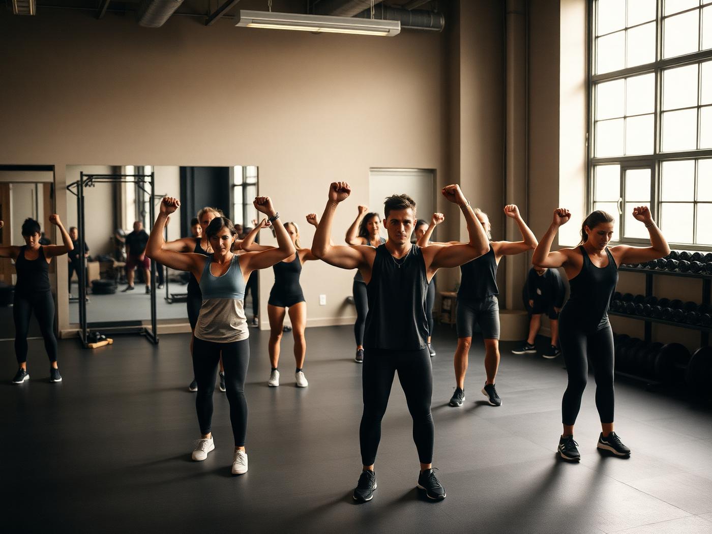 Group strength class training together in a modern gym