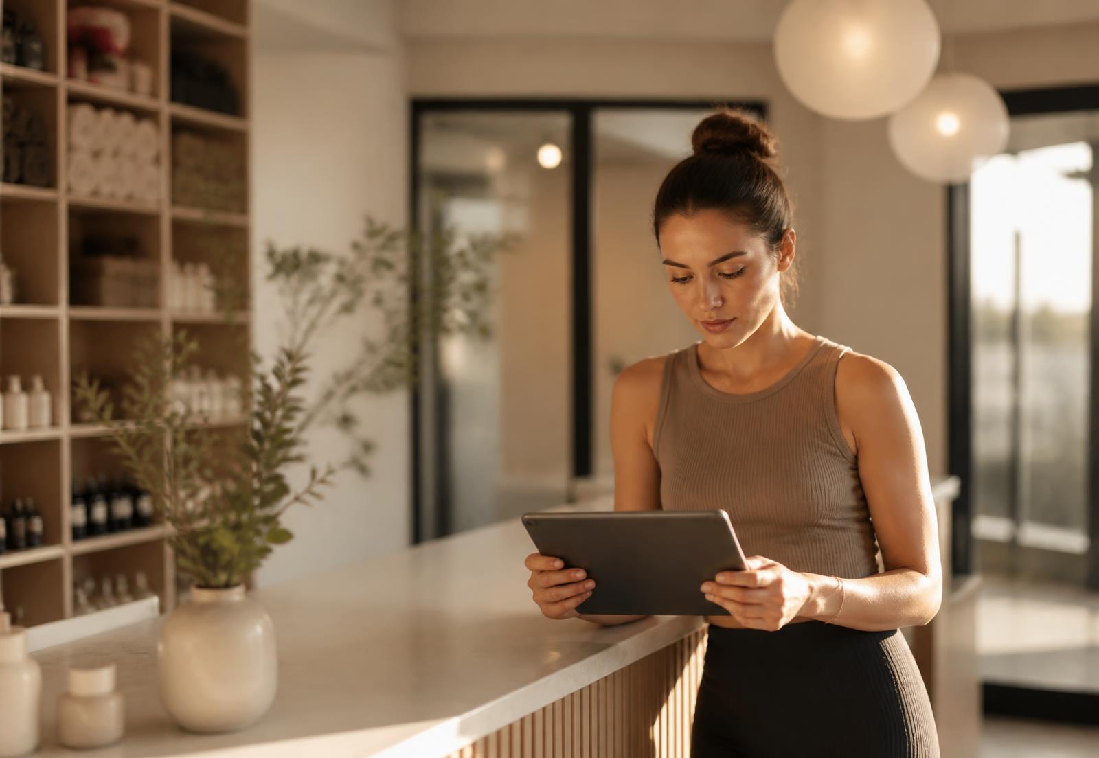 Studio manager reviewing performance metrics at a boutique fitness front desk